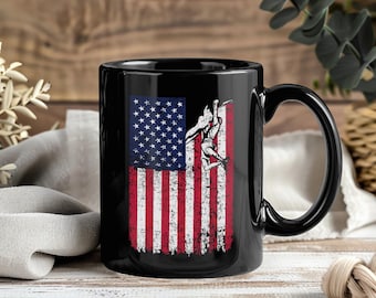 Escalade drapeau américain USA tasse patriotique drôle tasse de café tasses à thé pour grimpeur escalade montagne murs de roche intérieur extérieur cadeau d'aventure