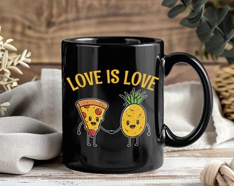 Love Is Love Funny Pizza Mug, Pineapple Slice Coffee Cup, Cute Italian Food Lover Gift, Pizzeria Birthday Party Present Idea