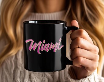 Tazza da spiaggia di Miami, tazza da caffè vintage anni '80, souvenir della Florida, design con palme, vacanze estive, regalo di compleanno per amanti della spiaggia
