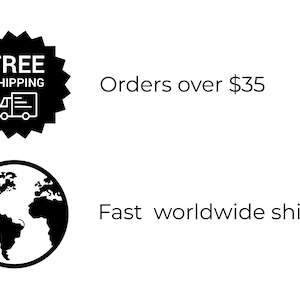 May include: A graphic with black and white icons and text. A black starburst shape with the words "FREE SHIPPING" and a truck icon. Below is a globe icon and the words "Fast worldwide shipping".