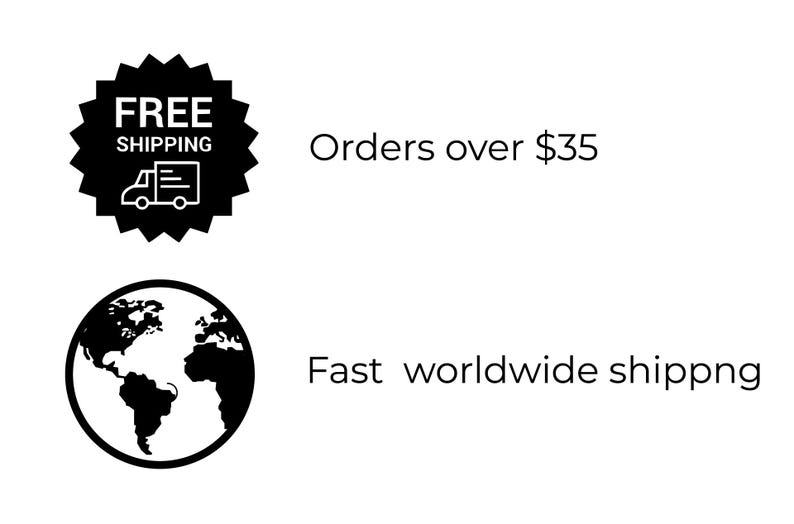 May include: A graphic with black and white icons and text. A black starburst shape with the words "FREE SHIPPING" and a truck icon. Below is a globe icon and the words "Fast worldwide shipping".