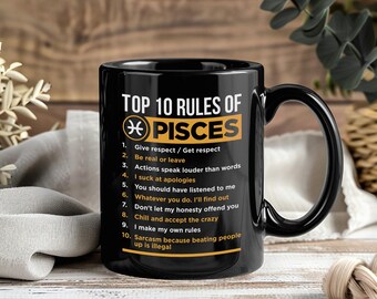 10 Rules of Pisces Mug – Coffee Cup Tea Mugs Zodiac Sign Horoscope Gift for Pisces Born February 19 to March 20 Birthday Christmas Present