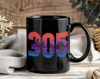 Tazza Miami Beach 305, tazza da caffè vintage anni '80, souvenir della Florida con design a palma, regalo per gli amanti delle vacanze estive in spiaggia.