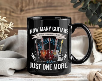Taza con la frase "¿Cuántas guitarras?", divertida taza de café para guitarristas, regalo ideal para músicos, profesores, intérpretes, compositores y miembros de bandas. Regalo de cumpleaños o Navidad.