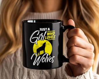 Girl Loves Wolves Coffee Cup, Wildlife Nature Gift Mug, Animal Lover Present, Forest Adventure Drinkware, Wolf Inspired Ceramic Cup
