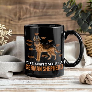 Puede incluir: Taza de cerámica negra con un diagrama de la anatomía de un pastor alemán, con etiquetas como "Detector de snacks" y "Ojos llenos de alma". El texto "La anatomía de un pastor alemán" está impreso en naranja.