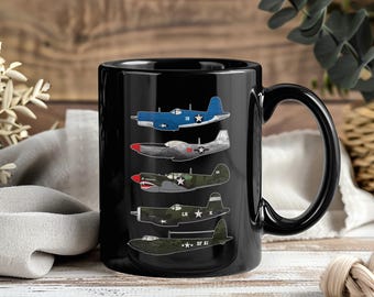 Taza de Warbirds de la Segunda Guerra Mundial, taza de café con aviones estadounidenses de la Segunda Guerra Mundial, P51 Mustang, F4U Corsair, B17 Flying Fortress, P40 Warhawk, P47 Thunderbolt
