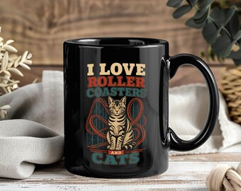 I Love Roller Coasters And Cats Mug, Funny Cat Coffee Cup, Theme Park Enthusiast Tea Drinkware, Pet Owner Gift, Vintage Thrill Ride Keepsake