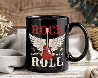 Rock and Roll Mug – Coffee Cup Tea Mugs Electric Vintage Guitar Wings Music Lover Band Guitarist Retro Festival Gift Idea