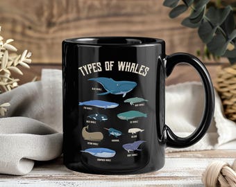 Types of Whales Mug, Ocean Lover Coffee Cup, Marine Life Gift, Blue Gray Orca Beluga Narwhal Design, Sea Animal Biology Present