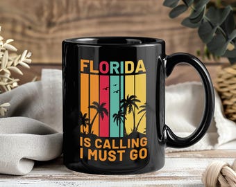 Florida Is Calling Mug, Vintage Beach Souvenir Coffee Cup, Sunshine State Gift for Travelers, Ocean Lover, Summer Vacation Mug