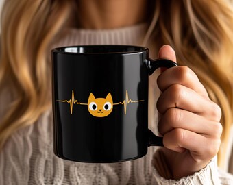 Cute Cat Pulse Heart Love Mug – Funny Coffee Cup Tea Mugs for Cat Lovers Kitten Owners Kitty Mom Dad Birthday Christmas Mothers Fathers Day