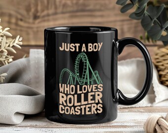 Boy Who Loves Roller Coasters Mug, Kids Theme Park Coffee Cup, Amusement Ride Tea Drinkware, Thrill Seeker Birthday Gift, Fun Youth Keepsake