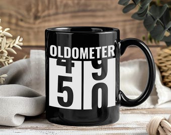 50th Birthday Funny Mug – Coffee Cup Tea Mugs Oldometer 49-50 Gift Idea for Men Women Hilarious Birthday Present Humor Drinkware