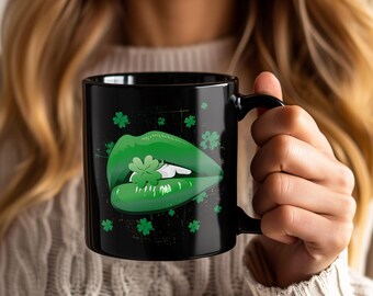 St Patrick’s Day Lips Mug, Funny Shenanigans Cup for Women Mom Wife, Irish Parade Party Gift, Lucky Green Coffee Mug for Celebration