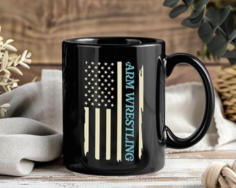 Arm Wrestling Mug, Patriotic American Flag Coffee Cup, Funny Gym Gift, Strength Lover, Arm Wrestler Gift, USA Pride Tea Cup