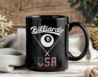 Billiards Mug – Coffee Cup Tea Mugs for Pool Players Billiard Lovers 8 Ball Cue Sport Game Night Vintage Style Funny Gift Bar Collectible