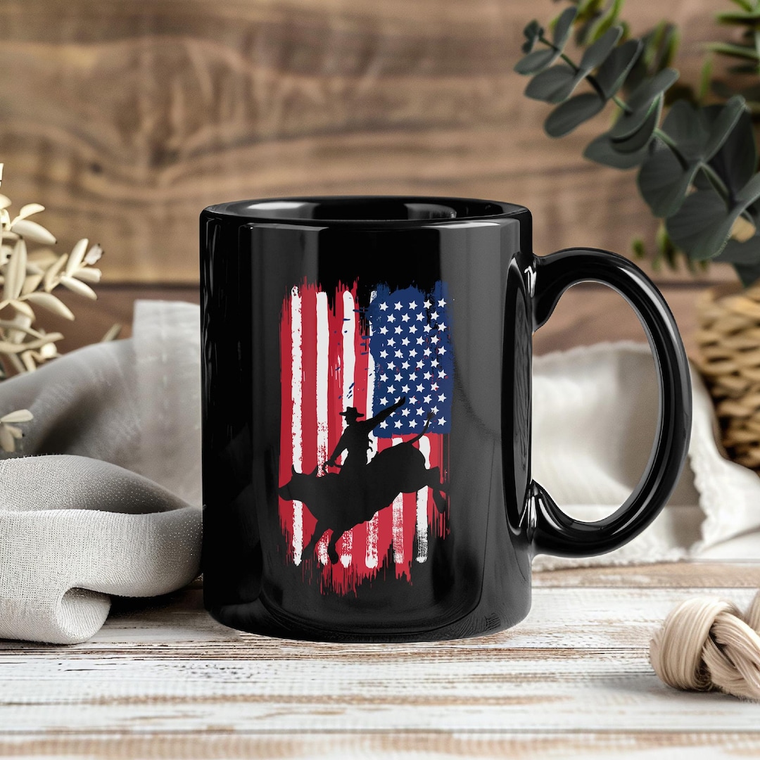 Bull Riding Mug, Western Rodeo Cowboy Coffee Cup, American Flag 4th of ...