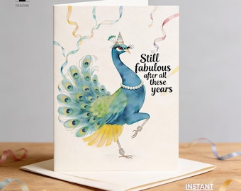 Funny Peacock Birthday Card | Chic Watercolor Illustration (Digital Download)