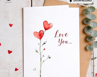 Tarjeta de amor con corazón floral / Acuarela para San Valentín (Descarga digital)