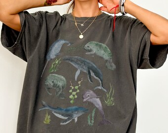 クジラシャツ、イルカクルーネック、マナティーシャツ、シャチシャツ、海洋動物シャツ、海洋生物学、ココナッツガールシャツ、海を救おうエコロジーシャツ