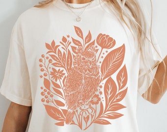 Owl Linocut Granola Girl Blockprint Linocut Shirt Bird Nerd Shirt Birders Gift Linocut T Shirt Bird Linocut Barred Owl Fern Linocut Gorpcore