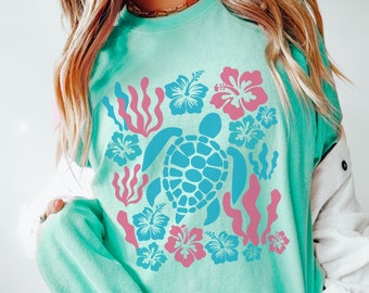Sea Turtle Shirt Hibiscus Shirt Ocean Inspired Style Ocean Animal Shirt Mermaidcore Clothing Granola Girl Shirt Preppy Stuff Mermaid Core