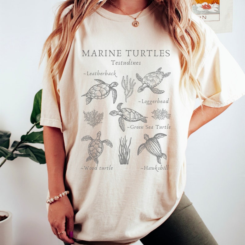 May include: Cream-colored t-shirt featuring a detailed illustration of various marine turtles, including Leatherback, Loggerhead, Green Sea Turtle, Wood turtle, and Hawksbill. The text "MARINE TURTLES Testudines" is printed at the top.