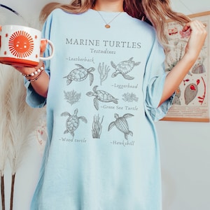 May include: Light blue t-shirt featuring a detailed illustration of various marine turtles, including Leatherback, Loggerhead, and Green Sea Turtle. The shirt also includes the text "MARINE TURTLES Testudines". The shirt is a comfortable, casual style.