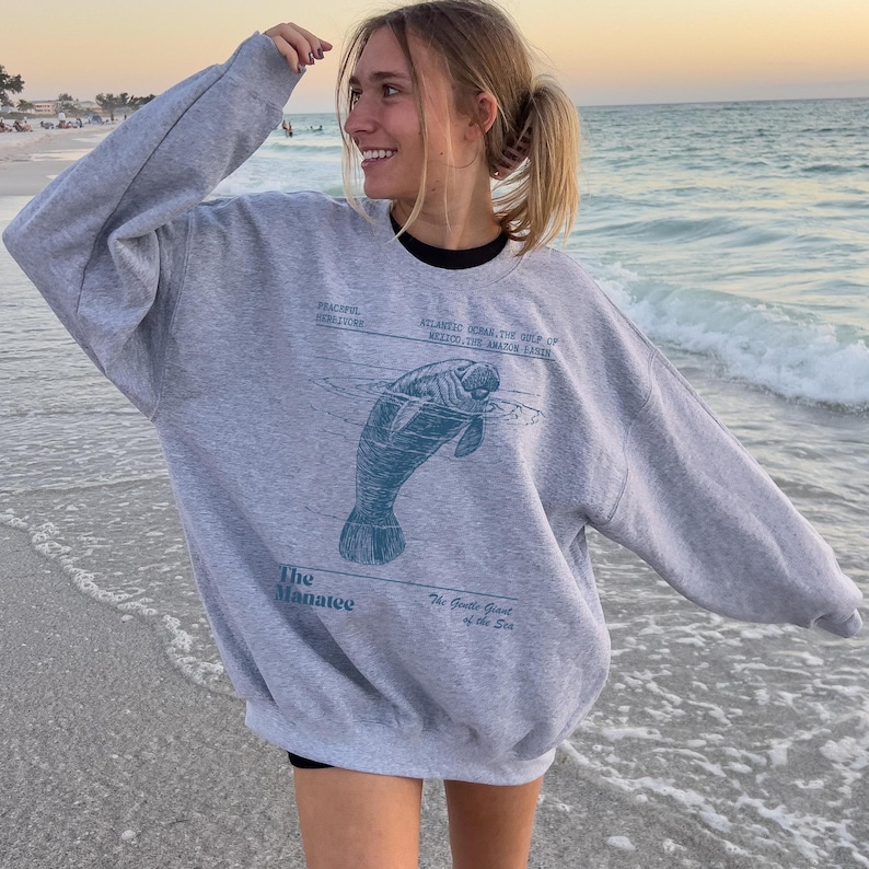 Manatee Sweatshirt Oceancore Manatee Gifts Coconut Girl Nature Stuff Environmental Gifts Marine Biology Manatee Sweater Mermaidcore Gorpcore Sport Grey