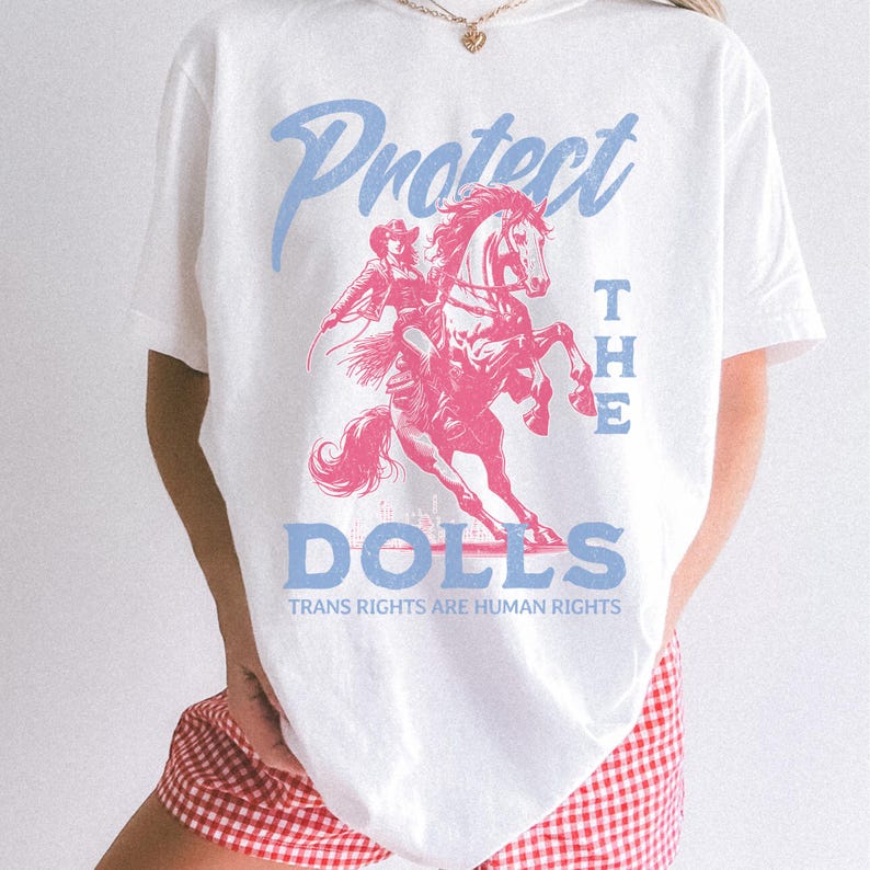 May include: White t-shirt with a pink and blue graphic. The graphic features a person riding a horse with the words "Protect the Dolls" and "Trans Rights Are Human Rights". The shirt has a crew neck and short sleeves.