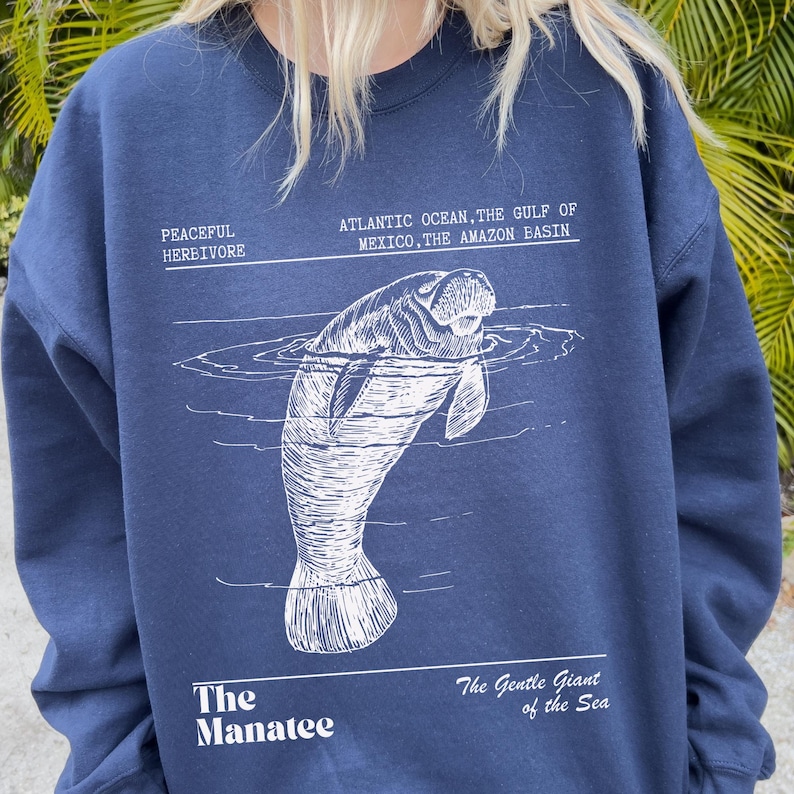 Manatee Sweatshirt Oceancore Manatee Gifts Coconut Girl Nature Stuff Environmental Gifts Marine Biology Manatee Sweater Mermaidcore Gorpcore Navy