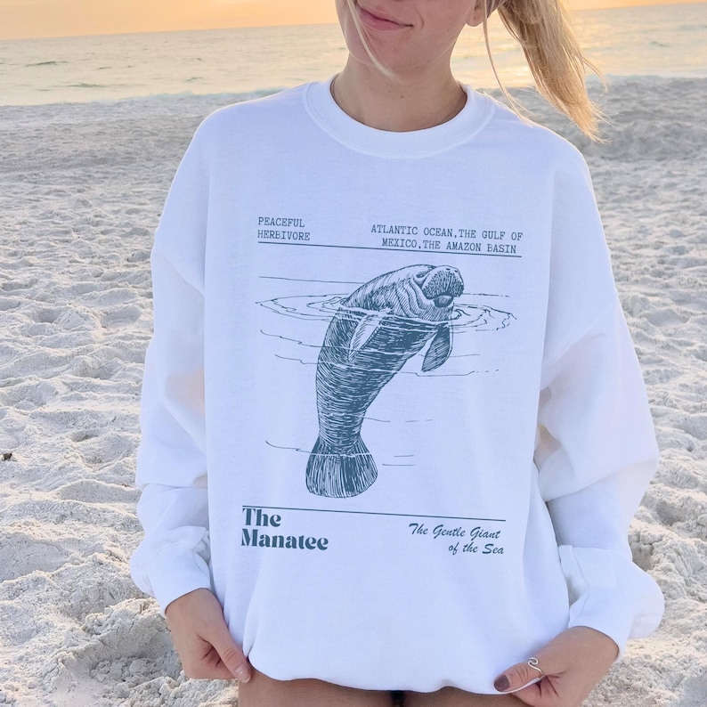 Manatee Sweatshirt Oceancore Manatee Gifts Coconut Girl Nature Stuff Environmental Gifts Marine Biology Manatee Sweater Mermaidcore Gorpcore White