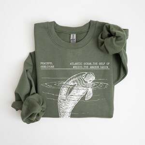 Manatee Sweatshirt Oceancore Manatee Gifts Coconut Girl Nature Stuff Environmental Gifts Marine Biology Manatee Sweater Mermaidcore Gorpcore Military Green