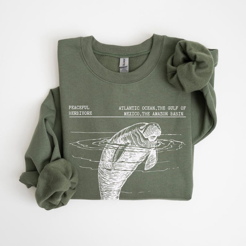 Manatee Sweatshirt Oceancore Manatee Gifts Coconut Girl Nature Stuff Environmental Gifts Marine Biology Manatee Sweater Mermaidcore Gorpcore Military Green