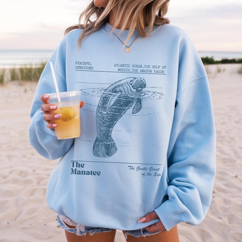 Manatee Sweatshirt Oceancore Manatee Gifts Coconut Girl Nature Stuff Environmental Gifts Marine Biology Manatee Sweater Mermaidcore Gorpcore Light Blue