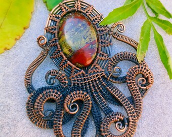 Dragon Bloodstone Pendant Copper Wire Wrapped Pendant Octopus Jewelry Handmade Unique Design Pendant Gift For Wife Original Gemstone Pendant