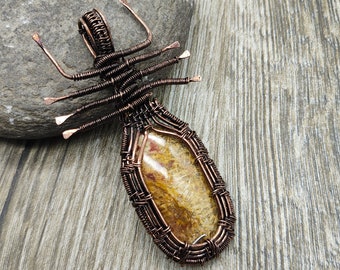Fossil Coral Gemstone Pendant Copper Wire Wrapped Pendant Handmade Spider Jewelry Copper Wire Wrapping Jewelry Gift For Women Unique Pendant