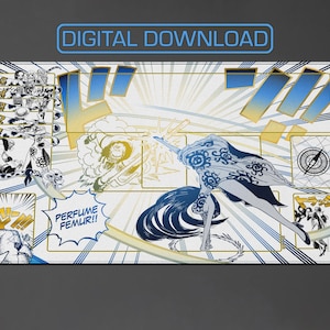 Può includere: Tappetino da gioco rettangolare con un'illustrazione in stile manga. Il design presenta un personaggio in posa dinamica, con accenti blu e gialli. Il testo include "DOWNLOAD DIGITALE" e "PERFUME FEMUR!!".