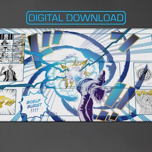Puede incluir: Una alfombrilla de juego rectangular con una ilustración de estilo manga. El diseño presenta una explosión de energía azul y blanca que emana de la mano de un personaje, con paneles de cómic y el texto "DIGITAL DOWNLOAD" en la parte superior.