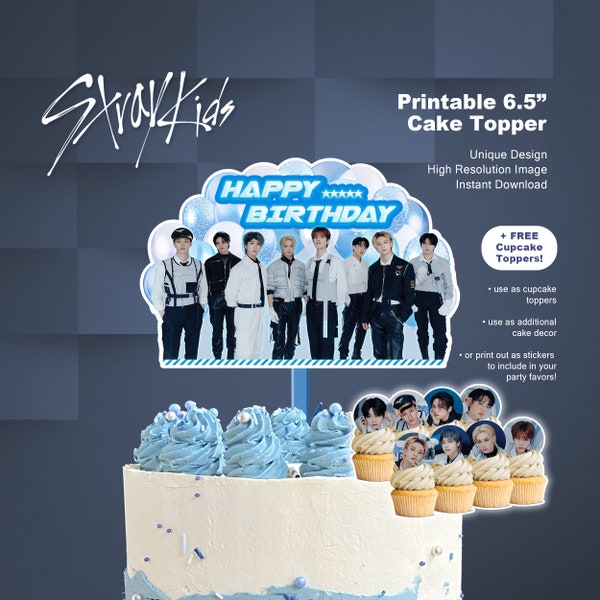 Printable Stray Kids Cake Topper for SKZ Birthday, Instant Download Party Decor with FREE Cupcake Topper Set