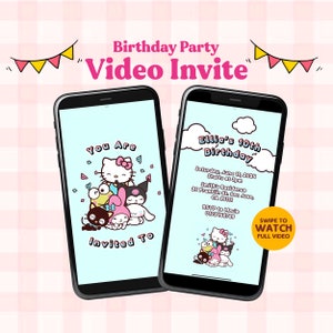 かわいいアニメーションの子猫の誕生日招待状、子供のパーティーのためのかわいいカスタムデジタルビデオ招待状