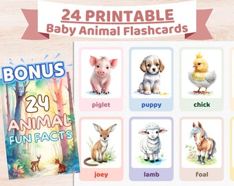 24 BABY ANIMAL Flashcards for Kids | Printable Flashcards, Montessori Cards, Interactive Learning, Kids Flashcard, Instant Download