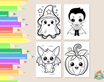 Kawaii Halloween Coloring Pages - PNGs Fall Coloring Pages, Halloween Activities for kids, Printable, Instant Download, Kids Coloring Book