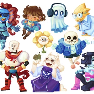 May include: A collection of colourful cartoon characters from the video game Undertale. The characters include Sans, Papyrus, Undyne, Alphys, Toriel, Asriel, Flowey, and Mettaton.
