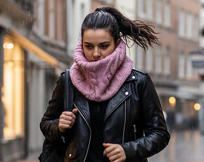 Featured listing image: Cashmere loop scarf in delicate pink! A sophisticated cable knit pattern meets a premium cashmere-wool blend. Hand-knitted, one-of-a-kind piece. Available in 2 sizes/lengths.