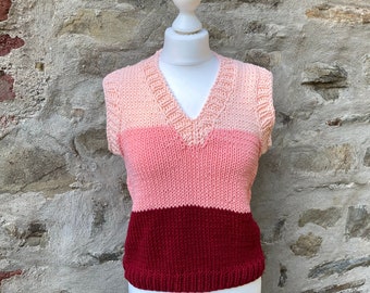 Vintage pullover "3 Stripes in Red" women, size 36-38, hand-knitted in high-quality cotton mix.