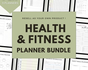 May include: A digital bundle of nine printable health and fitness planners. The planners include a recipe lunch planner, a blood sugar tracker, a daily meal planner, a weight loss tracker, and a medical information planner. The text "RESELL AS YOUR OWN PRODUCT! HEALTH & FITNESS PLANNER BUNDLE" is displayed on a green background.