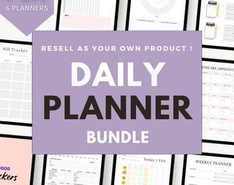 May include: A collage of digital planner pages with the text "RESELL AS YOUR OWN PRODUCT! DAILY PLANNER BUNDLE" in purple text on a light purple background. The planner pages include a bill tracker, a weekly planner, a daily mood tracker, a skincare appointment tracker, and a daily planner with a section for "Today I Felt" with emoji icons.