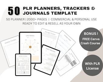 May include: A collection of 50 printable planner templates, including a life wheel, habit tracker, savings tracker, fitness goals, and anxiety tracker. The templates are ready to edit and resell. The image also includes a bonus free Canva crash course.